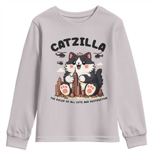 Cute Catzilla Youth Sweatshirt The Ruler Of All Cute And Destructive Funny TS12 Ice Gray Print Your Wear
