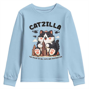 Cute Catzilla Youth Sweatshirt The Ruler Of All Cute And Destructive Funny TS12 Light Blue Print Your Wear