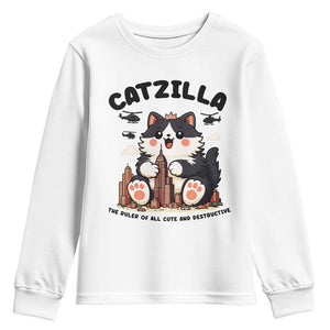 Cute Catzilla Youth Sweatshirt The Ruler Of All Cute And Destructive Funny TS12 White Print Your Wear