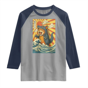 Kawaii Cat Monster Japanese Sun Wave Art Raglan Shirt TS12 Sport Gray Navy Print Your Wear