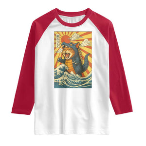 Kawaii Cat Monster Japanese Sun Wave Art Raglan Shirt TS12 White Red Print Your Wear