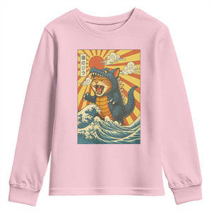 Catzilla Youth Sweatshirt Kawaii Cat Monster Japanese Sun Wave Art TS12 Light Pink Print Your Wear