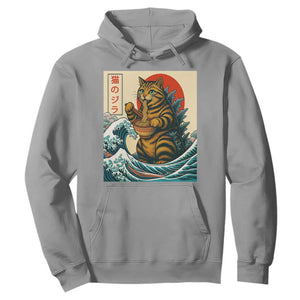 Cute Giant Cat Monster Eating Ramen Hoodie Japanese Sun Wave Art TS12 Sport Gray Print Your Wear