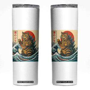 Catzilla Skinny Tumbler Cute Cat Eating Ramen Japanese Sun Wave Art TS12 White Print Your Wear