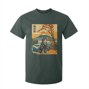 Japanese Ukiyo E Cat Kimono T Shirt For Kid Mount Fuji Cherry Blossom Vintage Gift TS12 Dark Forest Green Print Your Wear