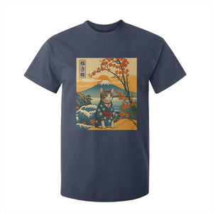 Japanese Ukiyo E Cat Kimono T Shirt For Kid Mount Fuji Cherry Blossom Vintage Gift TS12 Navy Print Your Wear