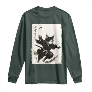 Samurai Cat Long Sleeve Shirt Japanese Sumie Cat Warrior Art TS12 Dark Forest Green Print Your Wear