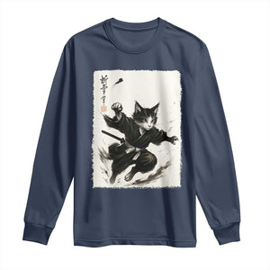 Samurai Cat Long Sleeve Shirt Japanese Sumie Cat Warrior Art TS12 Navy Print Your Wear