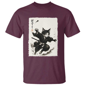 Samurai Cat T Shirt Japanese Sumie Cat Warrior Art TS12 Maroon Print Your Wear