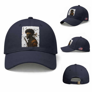 Afro American Samurai Baseball Cap Japanese Vintage Graphic Sumie Katana TS12 Baseball Cap Universal Fit Navy Print Your Wear