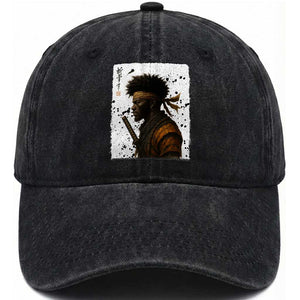 Afro American Samurai Washed Cotton Baseball Cap Japanese Vintage Graphic Sumie Katana TS12 Print Your Wear