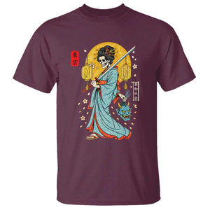 Horror Samurai Geisha Skull T Shirt Japanese Kimono And Katana TS12 Maroon Print Your Wear