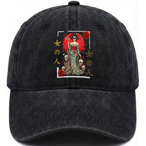 Gothic Japanese Geisha Skeleton Washed Cotton Baseball Cap Wearing Kimono TS12 Print Your Wear