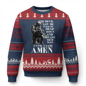 Military Christian Warrior Ugly Christmas Sweater The Devil Saw Me With My Head Down And Thought He'd Won TS12 Navy Red Print Your Wear