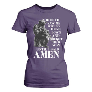 Military Christian Warrior T Shirt For Women The Devil Saw Me With My Head Down And Thought He'd Won TS12 Purple Print Your Wear