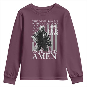 Military Soldier Skull Christian Faith Youth Sweatshirt The Devil Saw Me With My Head Down And Thought He'd Won
