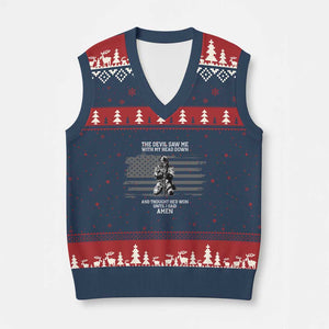 Soldier Skull Christian Faith Quote V-Neck Knit Sweater Vest The Devil Saw Me With My Head Down And Thought He'd Won TS12 Navy Red Print Your Wear