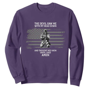 Soldier Skull Christian Faith Quote Sweatshirt The Devil Saw Me With My Head Down And Thought He'd Won TS12 Purple Print Your Wear