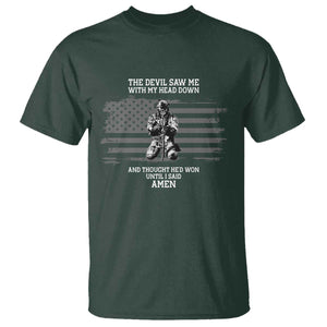 Soldier Skull Christian Faith Quote T Shirt The Devil Saw Me With My Head Down And Thought He'd Won TS12 Dark Forest Green Print Your Wear