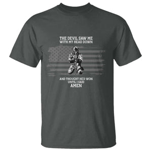 Soldier Skull Christian Faith Quote T Shirt The Devil Saw Me With My Head Down And Thought He'd Won TS12 Dark Heather Print Your Wear