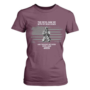 Soldier Skull Christian Faith Quote T Shirt For Women The Devil Saw Me With My Head Down And Thought He'd Won TS12 Maroon Print Your Wear