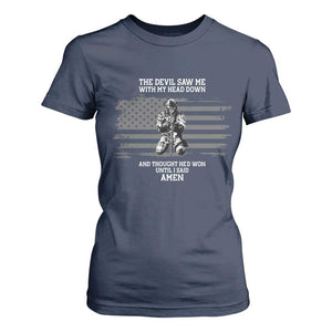Soldier Skull Christian Faith Quote T Shirt For Women The Devil Saw Me With My Head Down And Thought He'd Won TS12 Navy Print Your Wear