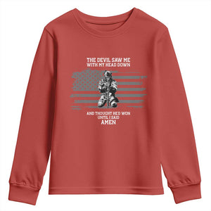 Soldier Skull Christian Faith Quote Youth Sweatshirt The Devil Saw Me With My Head Down And Thought He'd Won TS12 Red Print Your Wear