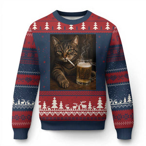 Funny Smoking Cat Ugly Christmas Sweater Cigarette Kitty Beer Lover TS12 Navy Red Print Your Wear