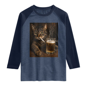 Funny Smoking Cat Raglan Shirt Cigarette Kitty Beer Lover TS12 Heather Denim Navy Print Your Wear
