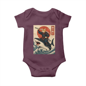 Funny Samurai Cat Riding Shark Baby Onesie Vintage Japanese Ukiyoe