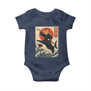 Funny Samurai Cat Riding Shark Baby Onesie Vintage Japanese Ukiyoe