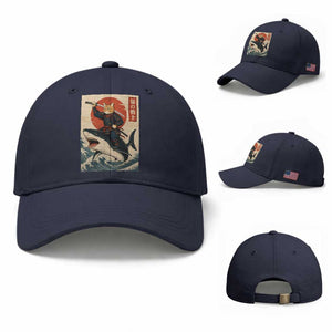 Funny Samurai Cat Riding Shark Baseball Cap Vintage Japanese Ukiyoe