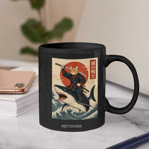 Funny Samurai Cat Riding Shark Coffee Mug Vintage Japanese Ukiyoe
