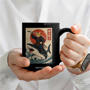 Funny Samurai Cat Riding Shark Coffee Mug Vintage Japanese Ukiyoe