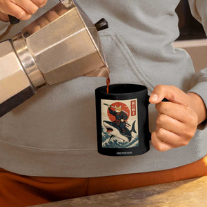 Funny Samurai Cat Riding Shark Coffee Mug Vintage Japanese Ukiyoe