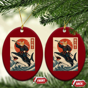 Funny Samurai Cat Riding Shark Ceramic Ornament Vintage Japanese Ukiyoe