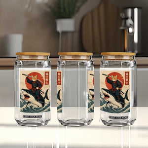 Funny Samurai Cat Riding Shark Glass Can Vintage Japanese Ukiyoe