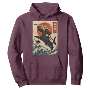 Funny Samurai Cat Riding Shark Hoodie Vintage Japanese Ukiyoe