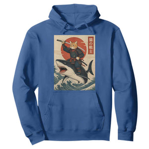 Funny Samurai Cat Riding Shark Hoodie Vintage Japanese Ukiyoe