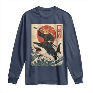 Funny Samurai Cat Riding Shark Long Sleeve Shirt Vintage Japanese Ukiyoe