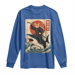 Funny Samurai Cat Riding Shark Long Sleeve Shirt Vintage Japanese Ukiyoe