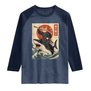 Funny Samurai Cat Riding Shark Raglan Shirt Vintage Japanese Ukiyoe