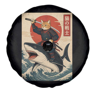Funny Samurai Cat Riding Shark Spare Tire Cover Vintage Japanese Ukiyoe
