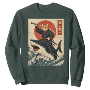 Funny Samurai Cat Riding Shark Sweatshirt Vintage Japanese Ukiyoe