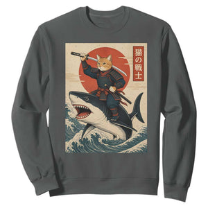 Funny Samurai Cat Riding Shark Sweatshirt Vintage Japanese Ukiyoe