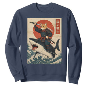 Funny Samurai Cat Riding Shark Sweatshirt Vintage Japanese Ukiyoe