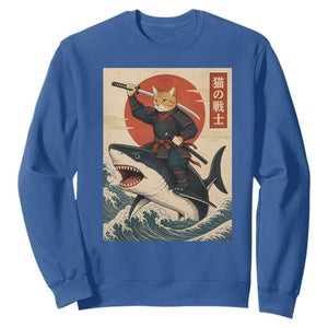 Funny Samurai Cat Riding Shark Sweatshirt Vintage Japanese Ukiyoe