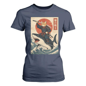 Funny Samurai Cat Riding Shark T Shirt For Women Vintage Japanese Ukiyoe