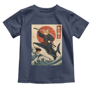 Funny Samurai Cat Riding Shark Toddler T Shirt Vintage Japanese Ukiyoe