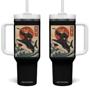 Funny Samurai Cat Riding Shark Tumbler With Handle Vintage Japanese Ukiyoe